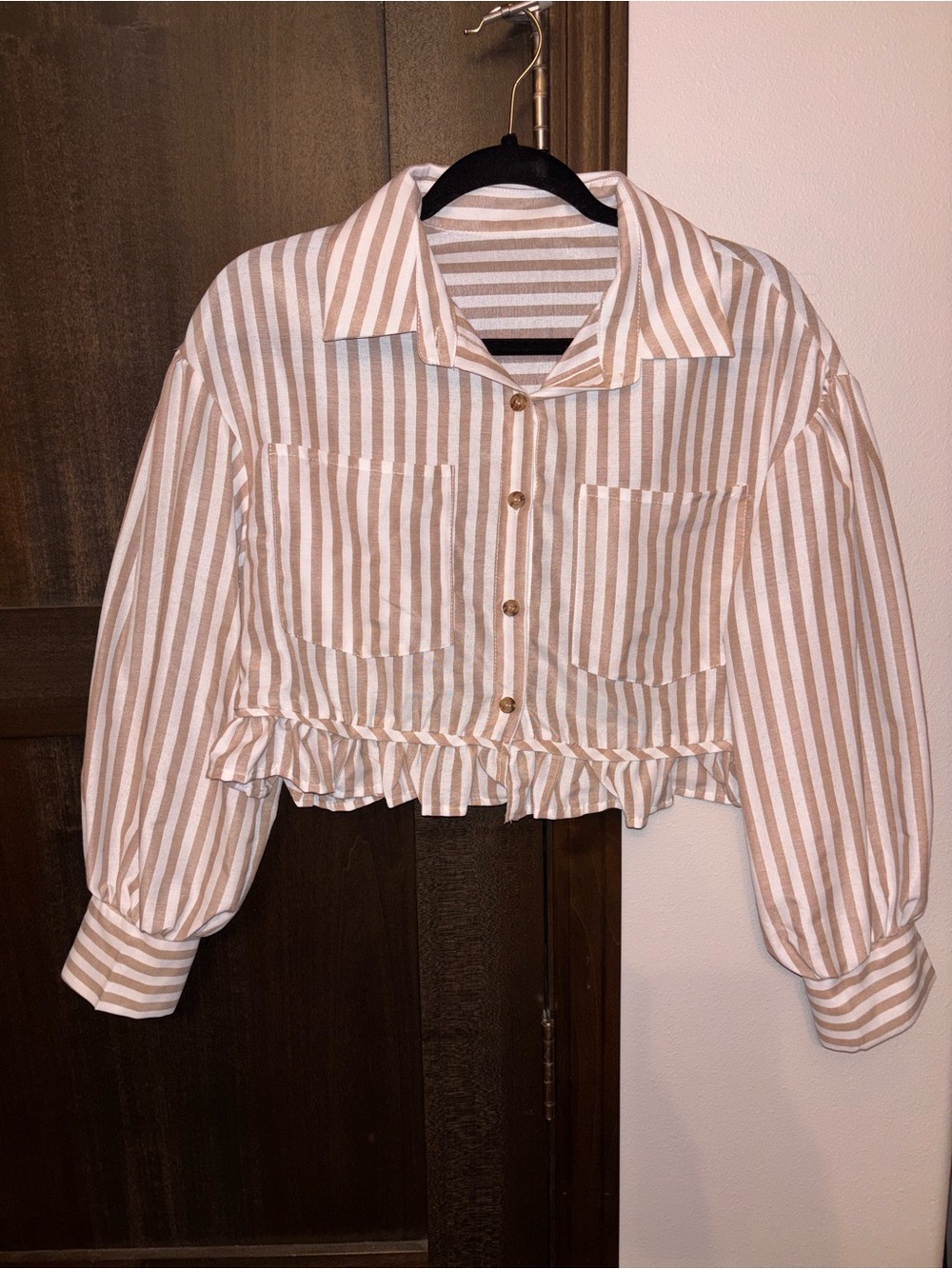 SHEIN Beige & White Striped Ruffle-Hem Button Front Blouse